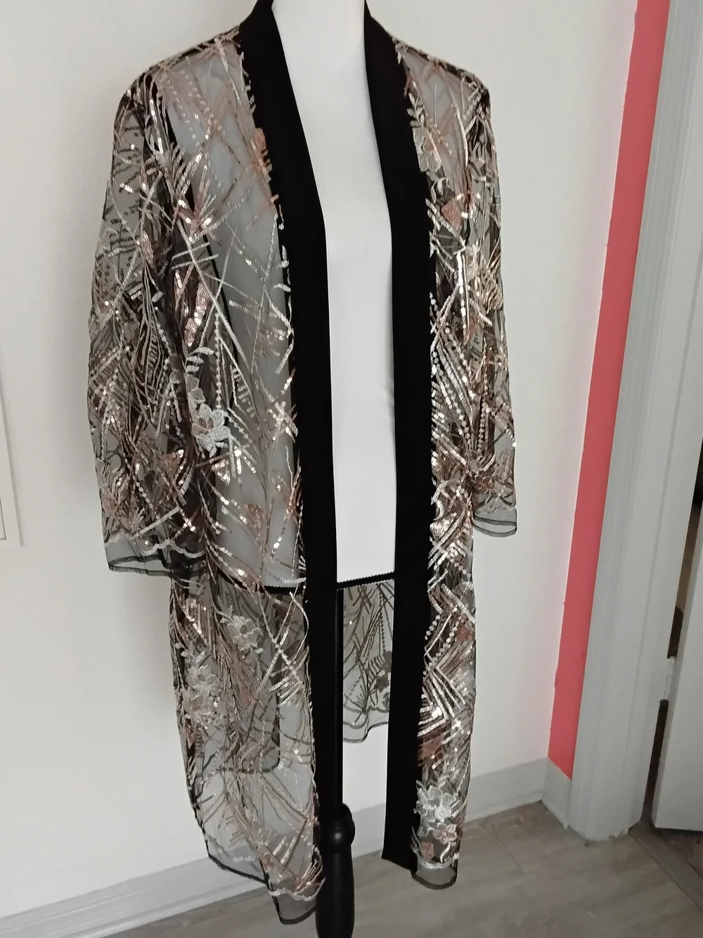 LR&M Richards Sheer Sequin Embellished Kimono in Rose Gold, Silver, and Black